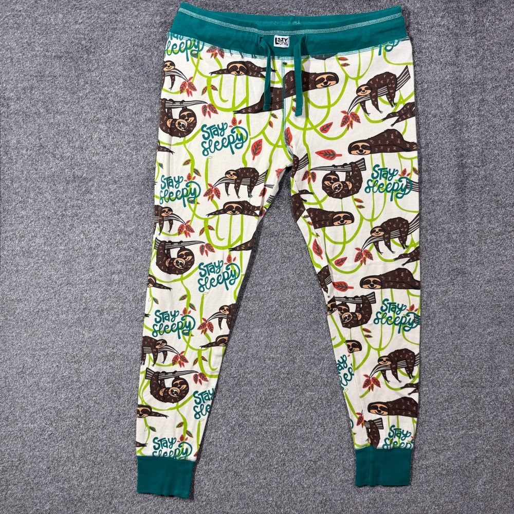 Lazy One Stay Sleepy Sloth Print Pajama Leggings Teal Green White Large
